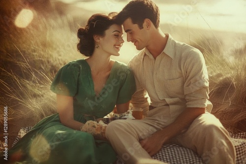 A romantic couple in vintage attire share an intimate moment amidst a sun-drenched grassy field.
