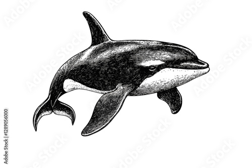 Vintage art of hand-drawn orca in old engraving style, black sketch effect, trendy illustration, animal print, black and white illustration, artistic prints, ocean wildlife, marine art.