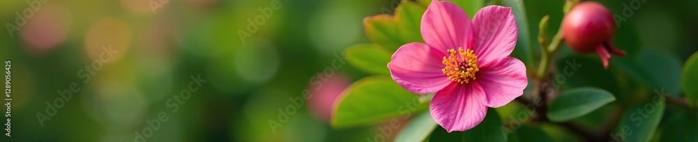 Pink flower with green sepals on pomegranate tree, floral, blossoms, botanical Pink flower with green sepals on pomegranate tree, floral, blossoms, botanical