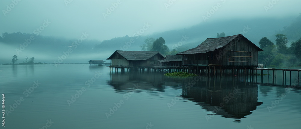 Fototapeta premium A floating village on a lake with houses on stilts_002