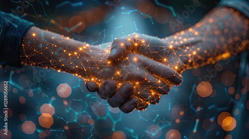 Close up businessman shaking hands with digital partner on futuristic technological background, concept of digital partnership, business deal, technology industry