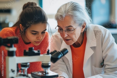 A young woman and an older woman collaborate on a scientific experiment using a microscope.