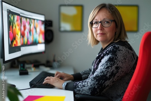 A woman sits at her desk, working on a computer with vibrant floral images displayed on the screen.