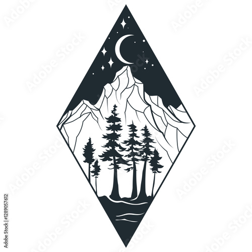 Abstract landscape with mountains, sky and trees