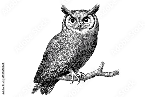 Black sketch effect hand-drawn owl, vintage wildlife illustration, trendy animal art, wall decor, old engraving style, white background, nature artwork, retro decor.