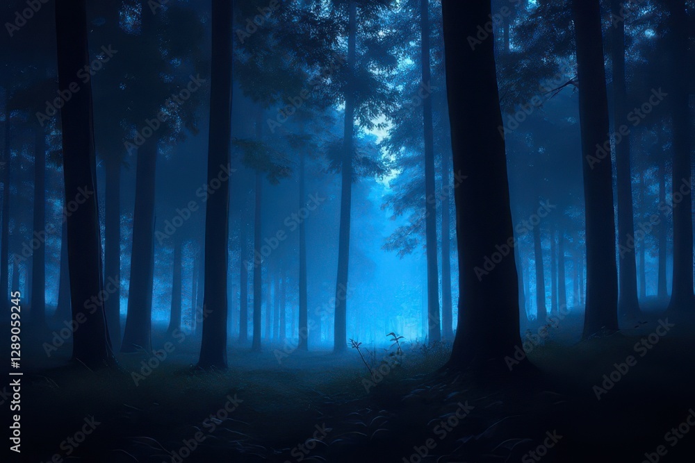 Naklejka premium Foggy forest at night with misty trees and autumn foliage