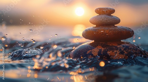 Stacked Stones in Water. Sea stones balance and wellness spa concept, inspiration, Zen like and well being tranquil composition. Close-up of zen stones.