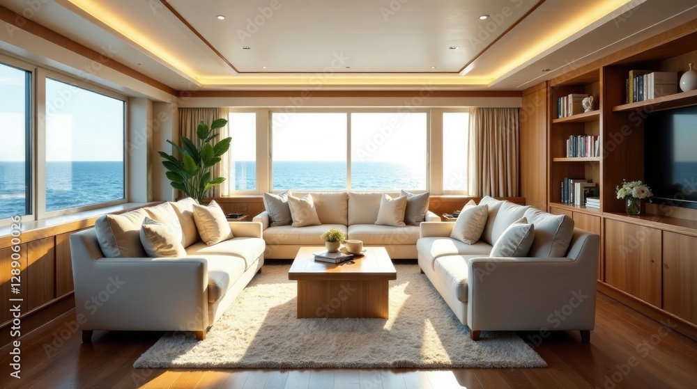Fototapeta premium Luxurious Ocean View Living Room with Hardwood Floors and Built-in Bookcases