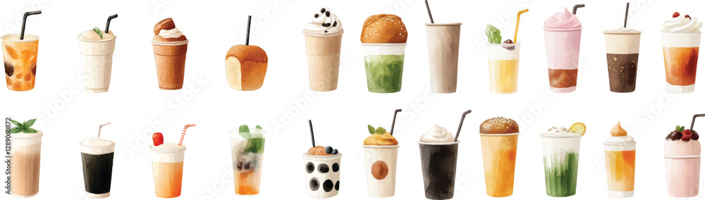 A beautifully designed set of watercolor icons depicting artisanal breads, colorful bubble tea cups, and a variety of stylish drinks, rendered in the expressive A beautifully designed set of watercolor icons depicting artisanal breads, colorful bubble tea cups, and a variety of stylish drinks, rendered in the expressive