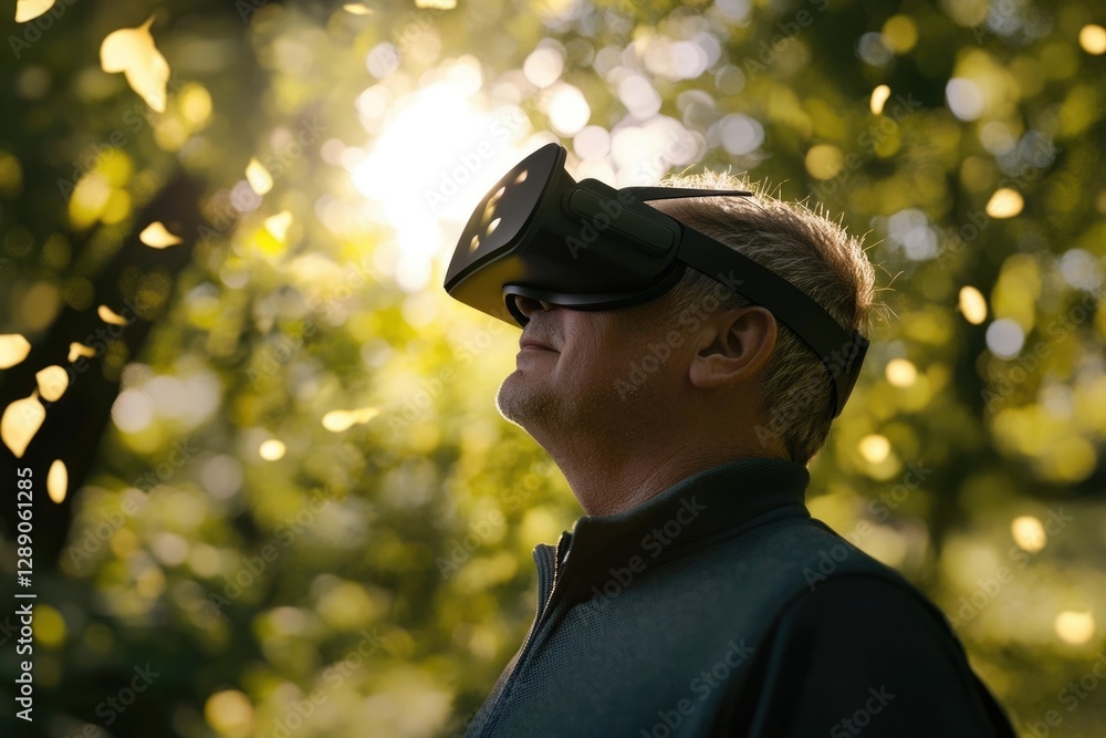 A man wearing a VR headset experiences a virtual forest, leaves falling around him. A man wearing a VR headset experiences a virtual forest, leaves falling around him.