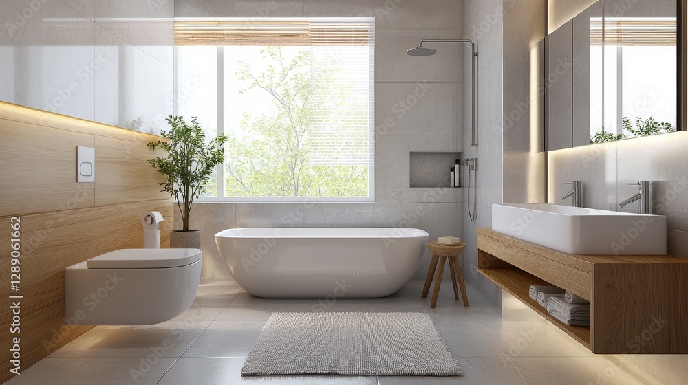 Fototapeta premium A modern, minimalistic bathroom featuring a freestanding tub, sleek fixtures, natural light, and wooden accents for a serene ambiance.