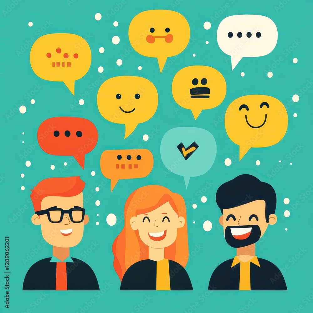 Three smiling individuals surrounded by colorful speech bubbles, conveying positivity and communication. Three smiling individuals surrounded by colorful speech bubbles, conveying positivity and communication.