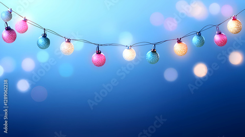 Colorful String Lights with Bokeh on Blue Background