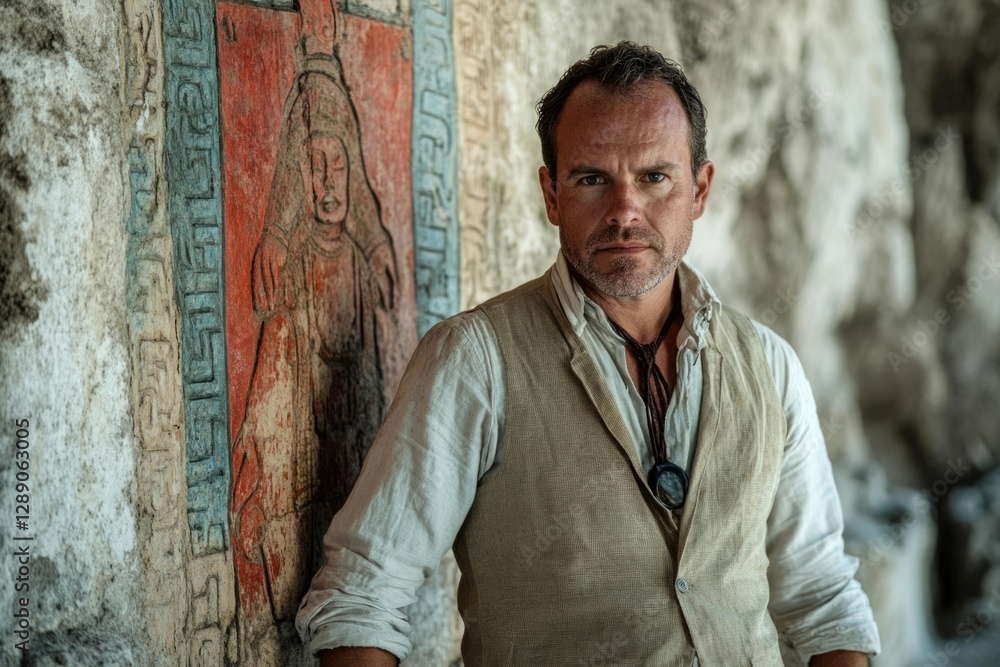 Fototapeta premium A man in a vest stands near ancient Mayan murals, possibly an archaeologist or historian exploring a historical site.