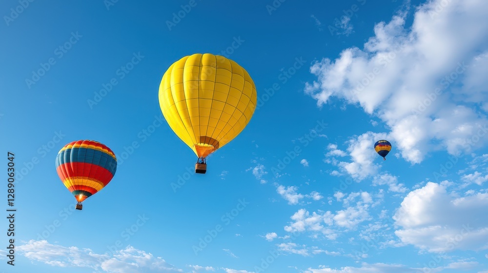 Fototapeta premium Colorful hot air balloons float against a bright blue sky, creating a picturesque scene filled with clouds and adventure.