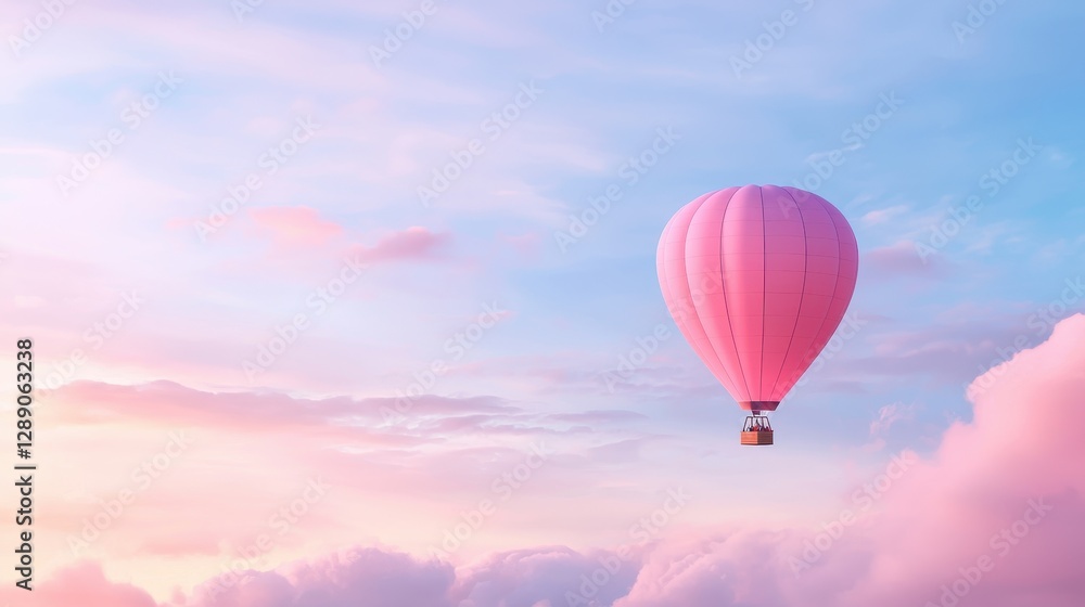 Fototapeta premium A pink hot air balloon floats gracefully among soft pastel clouds against a serene sky.