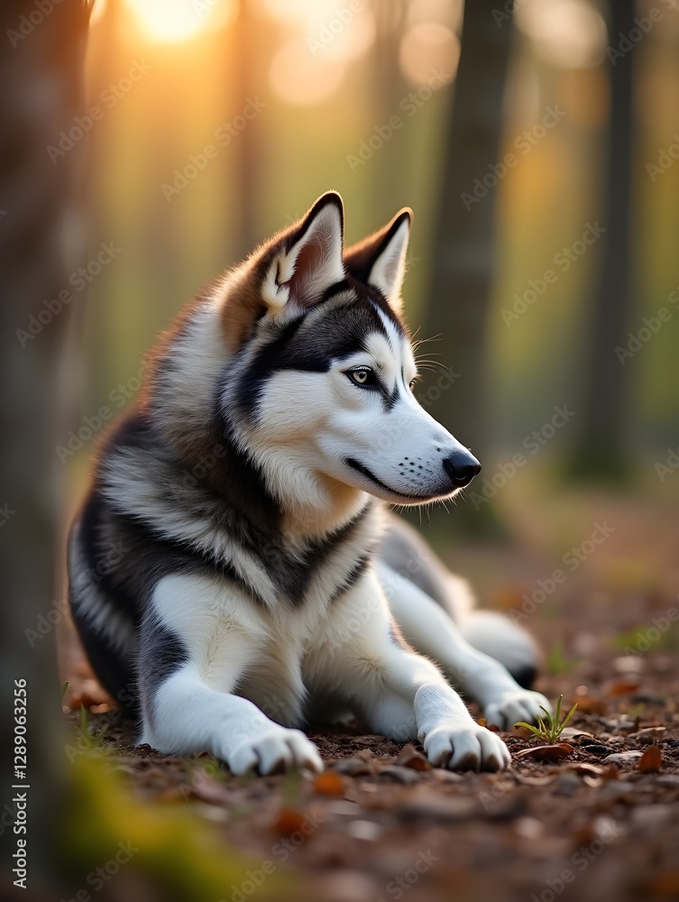 Beautiful husky resting in a natural setting during the late afternoon light in a wooded area Beautiful husky resting in a natural setting during the late afternoon light in a wooded area