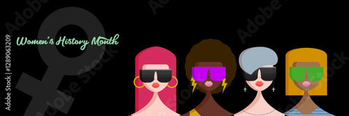 Womens History Month horizontal banner with four women of different nationalities isolated on grey. Women s day poster. Banner with young Stylish and fashion womens. 8 march greeting card and flyer