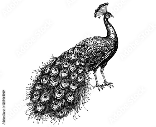 Black sketch effect of a hand-drawn peacock, wildlife print, vintage illustration, trendy bird art, old engraving style, white background.