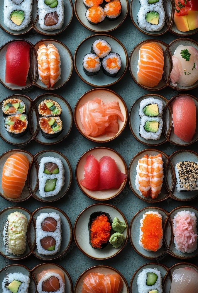 Fototapeta premium Assorted Sushi Selections Displayed on Plates with Vibrant Colors and Varied Toppings, Ideal for Food Lovers and Culinary Enthusiasts
