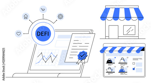 Laptop depicting decentralized finance with graphs and smart contract, storefront and website. Ideal for fintech, crypto, e-commerce, blockchain, smart contracts, online shopping, digital economy