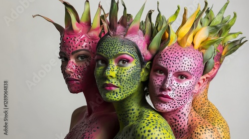Models with body paint that makes them look like fruit (e.g., a womanâ€™s skin textured like a dragon fruit). 