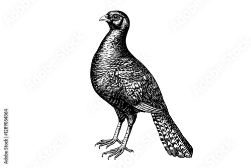 Vintage illustration of a hand-drawn pheasant, black sketch effect on a white background, trendy wildlife print for bird art lovers, classic engraving style, nature decor.