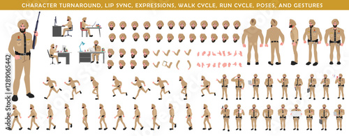 Police Officer Character Design Model Sheet. Man, Character design. Front, side, back view and explainer animation poses. Character set with lip sync and Walk cycle animation sequences.