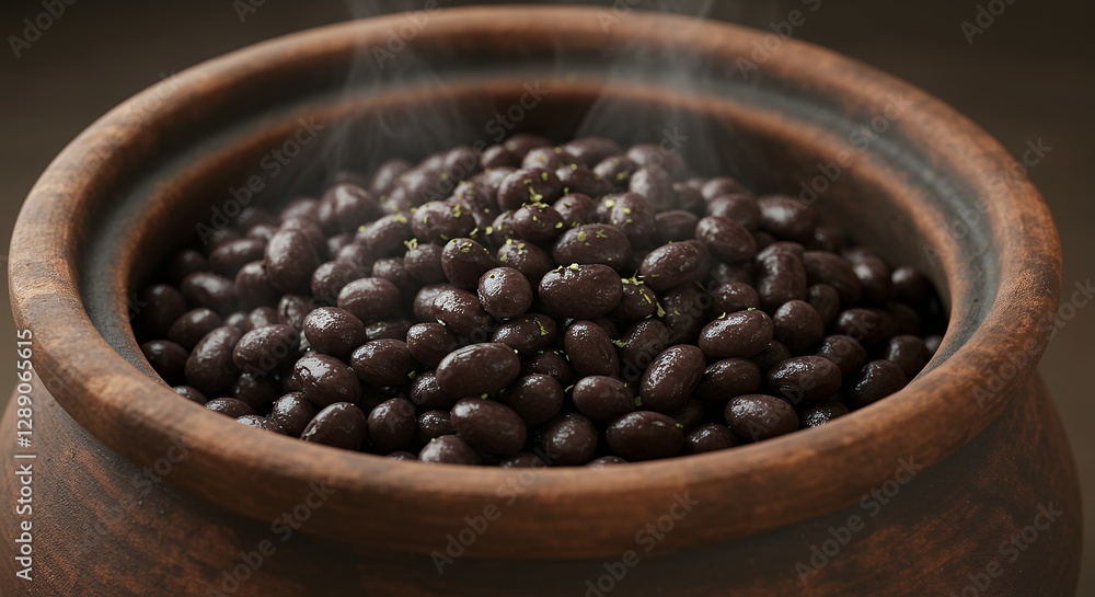 Serving of Steaming Black Beans in Rustic Clay Pot with Herbs Serving of Steaming Black Beans in Rustic Clay Pot with Herbs
