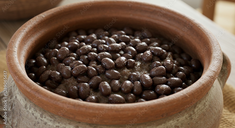 Serving of Black Beans in Rustic Clay Pot on Wooden Table Serving of Black Beans in Rustic Clay Pot on Wooden Table