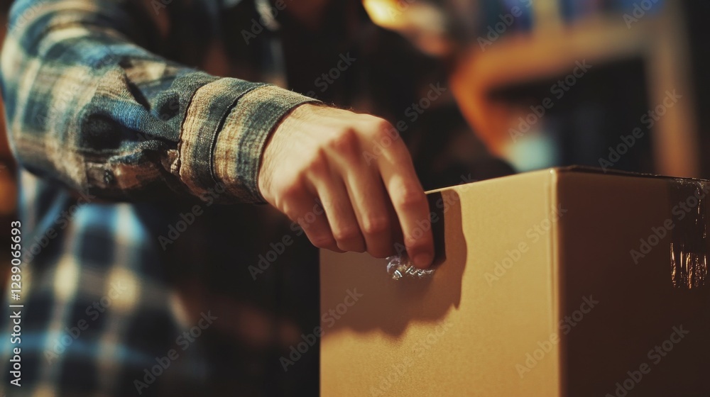 Obraz premium Handplacing Item into Brown Cardboard Box in Workshop Setting