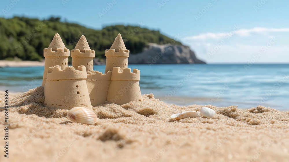 Detailed close-up of intricate sandcastles on a beach, seashells nearby, with a calm ocean and lush green hills in the background under bright Detailed close-up of intricate sandcastles on a beach, seashells nearby, with a calm ocean and lush green hills in the background under bright