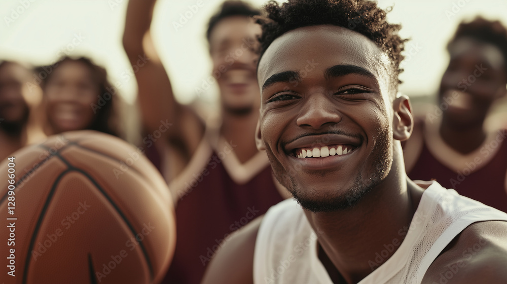 Basketball player smiling with ball, teammates cheering, game setting. Crisp textures, lively scene. Basketball player smiling with ball, teammates cheering, game setting. Crisp textures, lively scene.