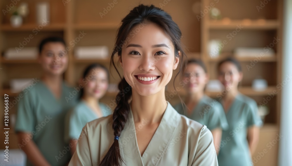 Smiling woman in spa uniform poses with team. Portrait of confident beautician, wellness expert in luxury salon. Asian female leader, skincare professional, hospitality industry representative. Group Smiling woman in spa uniform poses with team. Portrait of confident beautician, wellness expert in luxury salon. Asian female leader, skincare professional, hospitality industry representative. Group
