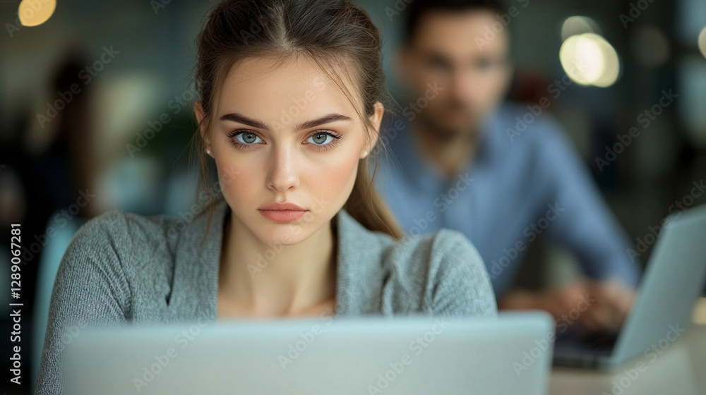 Businesswoman showing signs of tiredness and laziness, working with laptop in office, feeling exhausted and bored Businesswoman showing signs of tiredness and laziness, working with laptop in office, feeling exhausted and bored