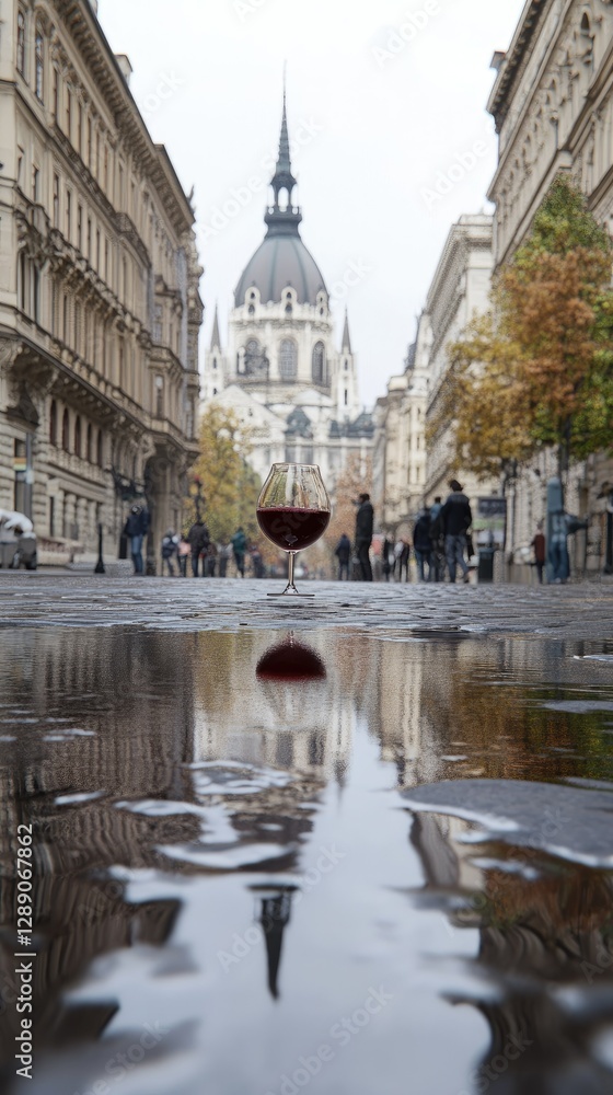 Fototapeta premium A wine glass reflects the image of a historic building situated along a busy city street on a cloudy day, capturing the vibrant atmosphere