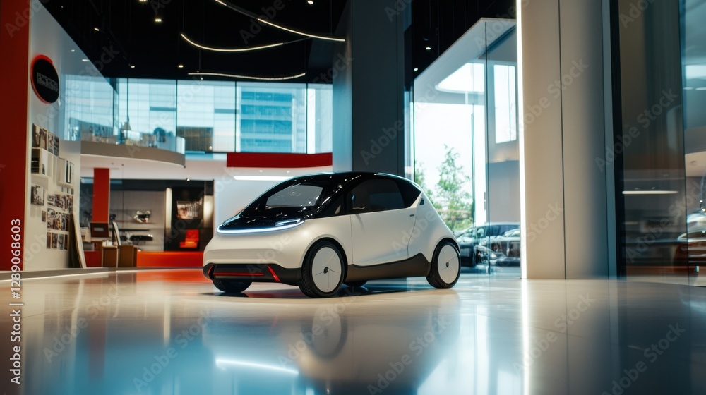 Obraz premium A car showroom featuring a compact electric city car. Featuring energy-efficient design and sleek features