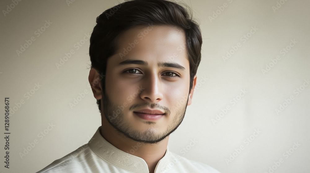 Fototapeta premium Portrait of young man with dark hair light complexion and neat beard against neutral backdrop