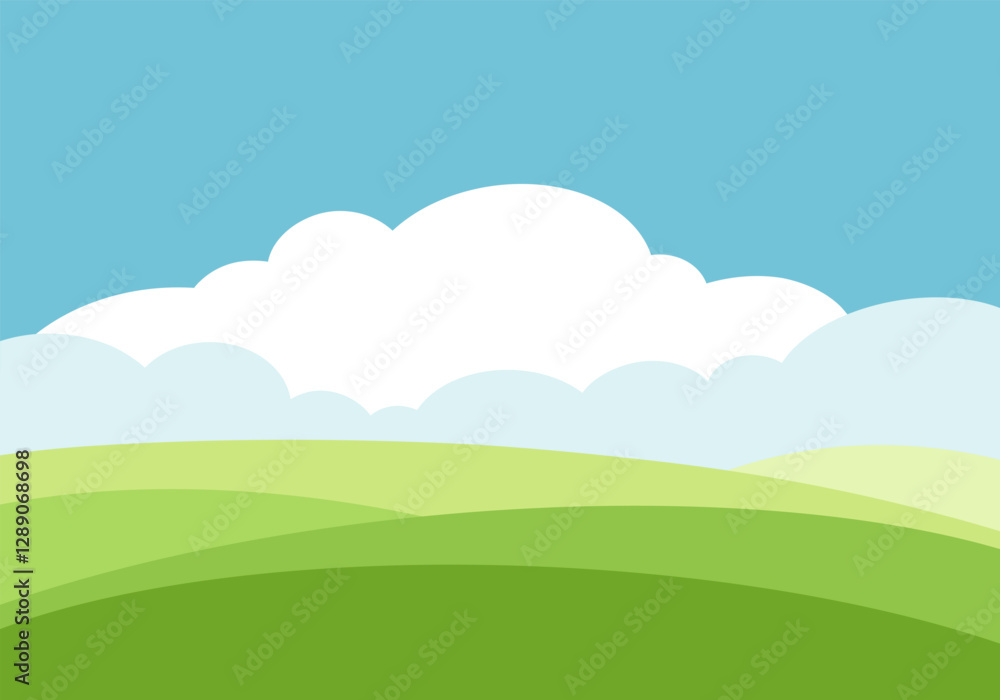 Spring panoramic landscape of fresh green hills, fields, sky with clouds, flat design, vector. Color background illustration, hand-drawn. Graphic element for banner, poster, label, cover design Spring panoramic landscape of fresh green hills, fields, sky with clouds, flat design, vector. Color background illustration, hand-drawn. Graphic element for banner, poster, label, cover design