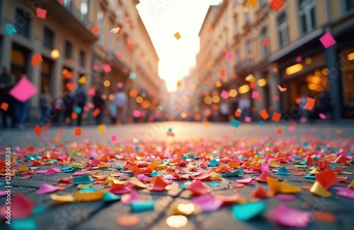 Wallpaper Mural Celebratory colorful confetti lying fallen on city street. Festive rainbow decorations for traditional carnival, birthday party masquerade. Vibrant celebration background with bright gradient on Torontodigital.ca