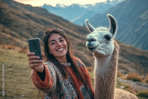 Woman takes a selfie with a llama in the majestic Andes Mountains.