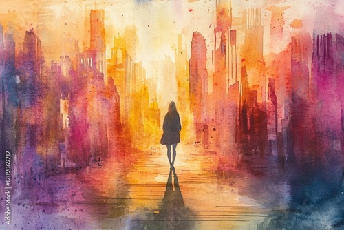 A solitary figure walks down a vibrant, watercolor-painted cityscape at dawn.
