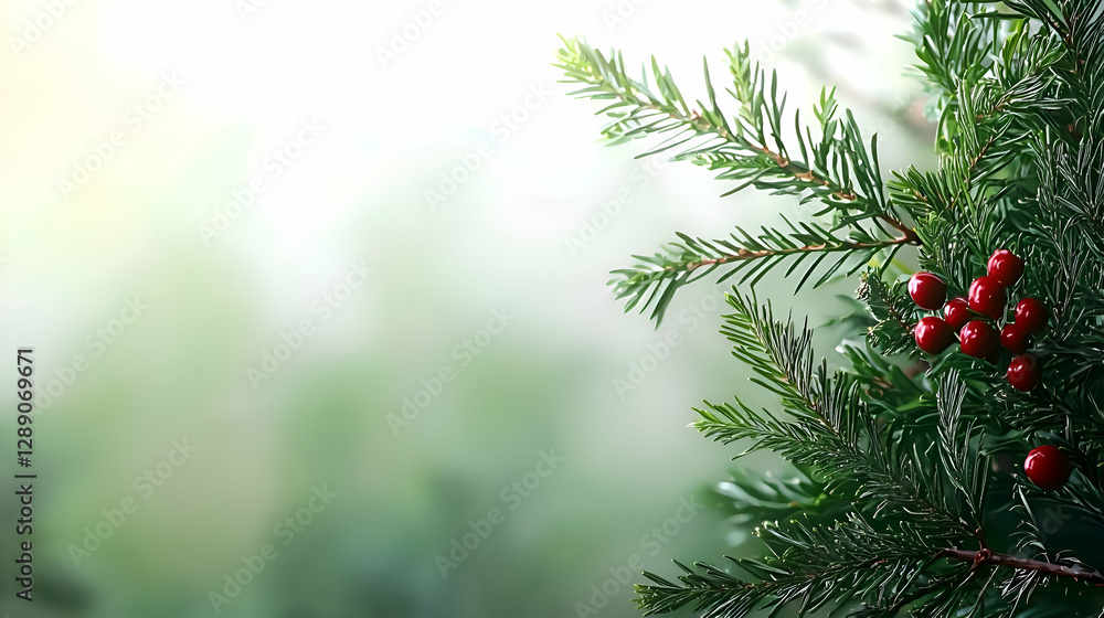 Green Pine Branch with Red Berries Against Soft Green Background Green Pine Branch with Red Berries Against Soft Green Background