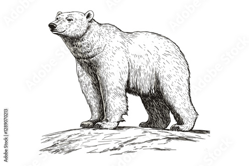 Trendy antique-style Arctic polar bear illustration in old engraving style, black and white wildlife vector design, vintage art predator print.
