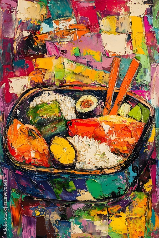 Fototapeta premium Vibrant Abstract Oil Painting of Colorful Japanese Bento Box with Rice, Fish, and Pickled Vegetables
