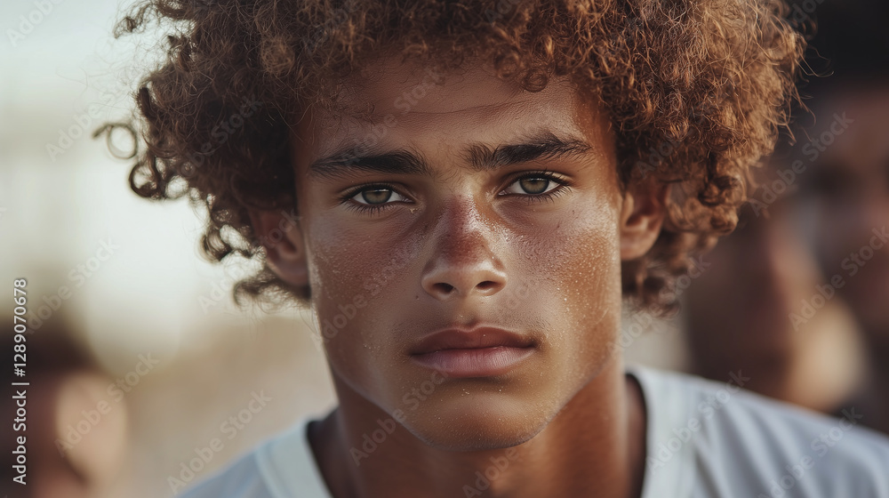 Curly-haired young man focusing before game, intense concentration, friends in background. Crisp details, athletic intensity. Curly-haired young man focusing before game, intense concentration, friends in background. Crisp details, athletic intensity.