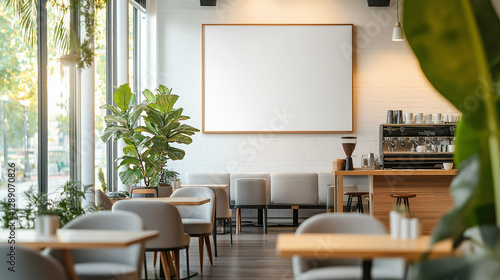 Modern cozy restaurant with white walls, large windows, a blank white canvas.