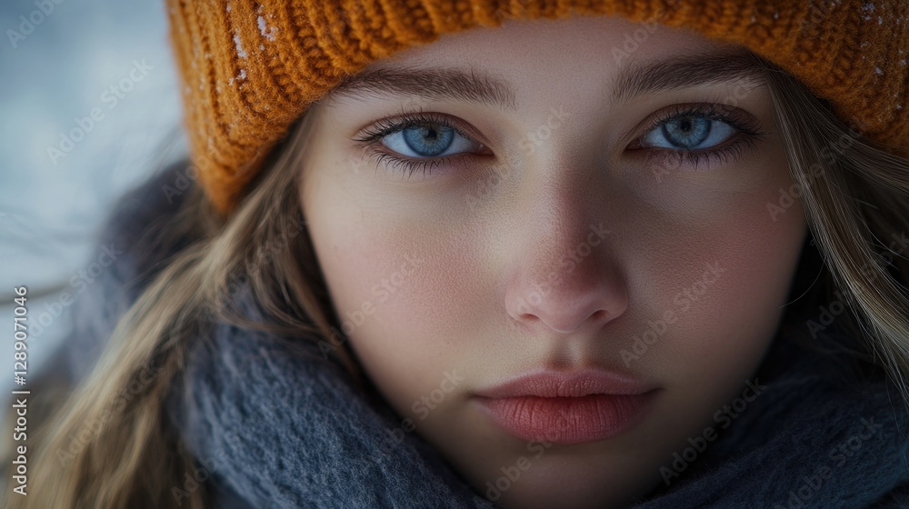 Close-up of a person wearing a hat and scarf, great for winter or cold weather themes Close-up of a person wearing a hat and scarf, great for winter or cold weather themes