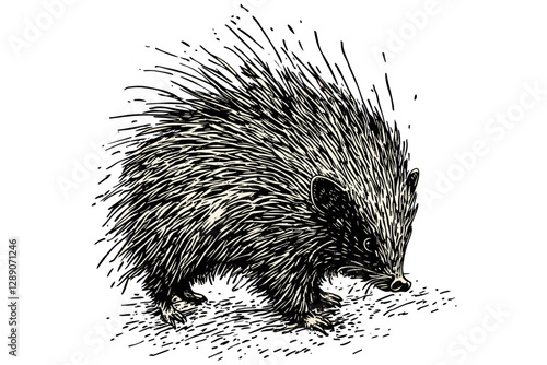 Vintage art of hand-drawn porcupine in black sketch effect, animal print, trendy illustration on white background