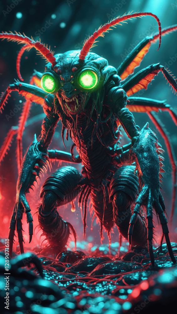 Creature emerges from the shadows in a dark, neon-lit environment with glowing eyes and intricate, textured features